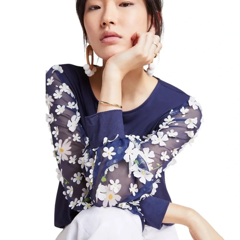 Anthropologie Eva Franco Becky Navy Blue White Daisy Appliqué Top - XS